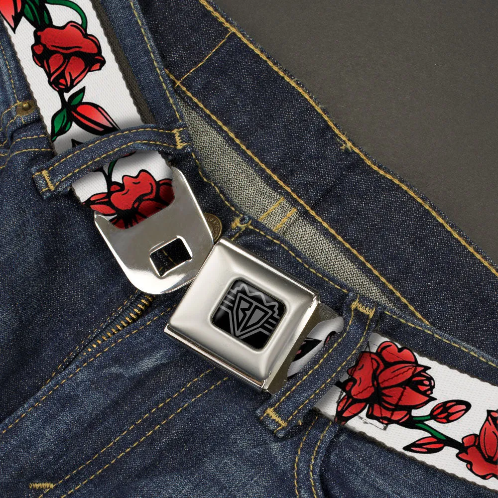 BD Wings Logo CLOSE-UP Black/Silver Seatbelt Belt - Red Rose Chain White Webbing