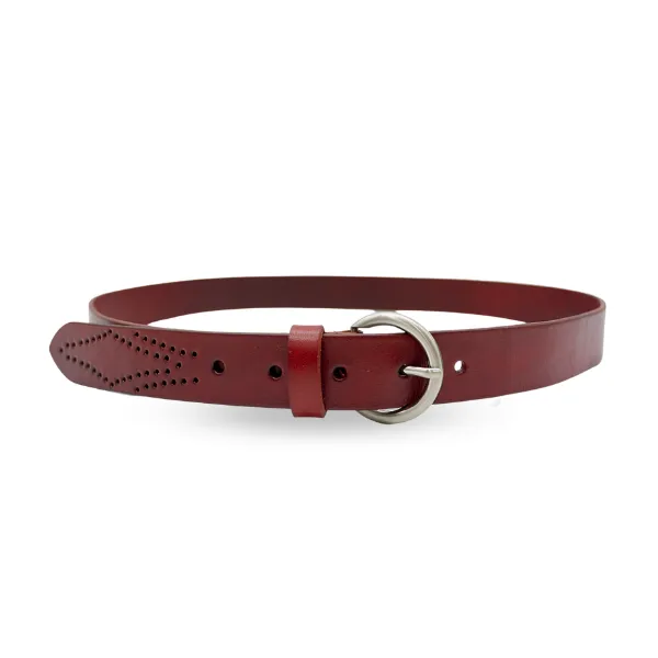 Esperance | Women's Burgundy Genuine Leather Belt with Round Silver Buckle