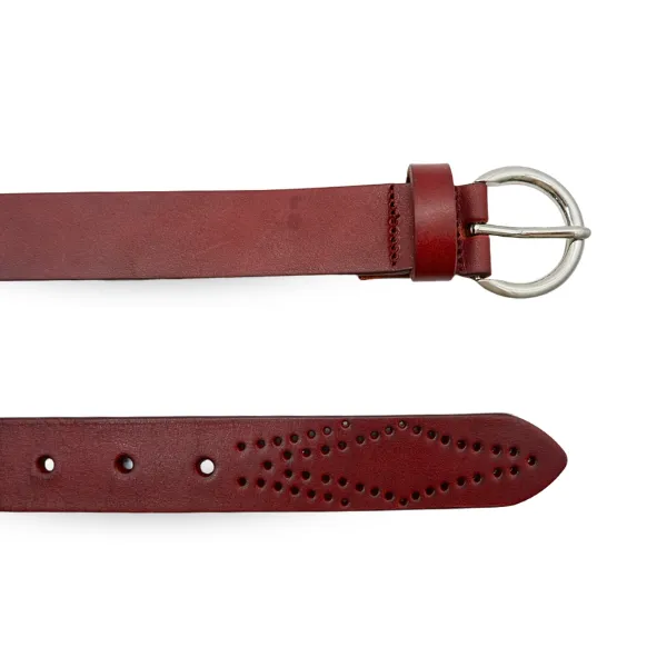 Esperance | Women's Burgundy Genuine Leather Belt with Round Silver Buckle