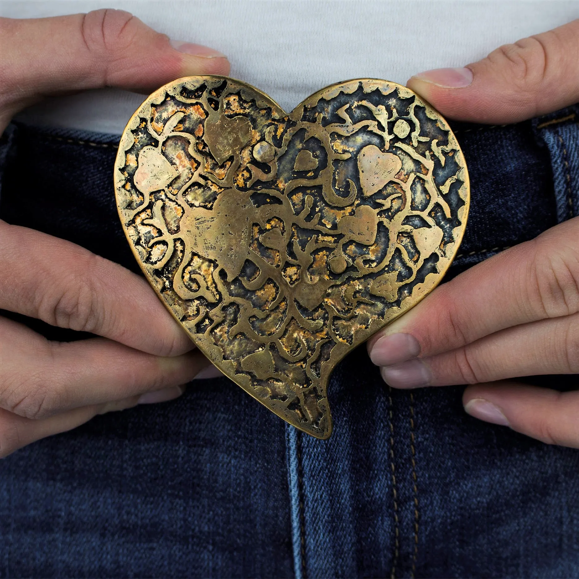 Gold Brass Heart Belt Buckle with Etched Motif