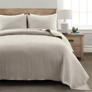 New - 3pc Full/Queen Pickstitch Quilt/Coverlet Neutral/Off White - Lush Décor