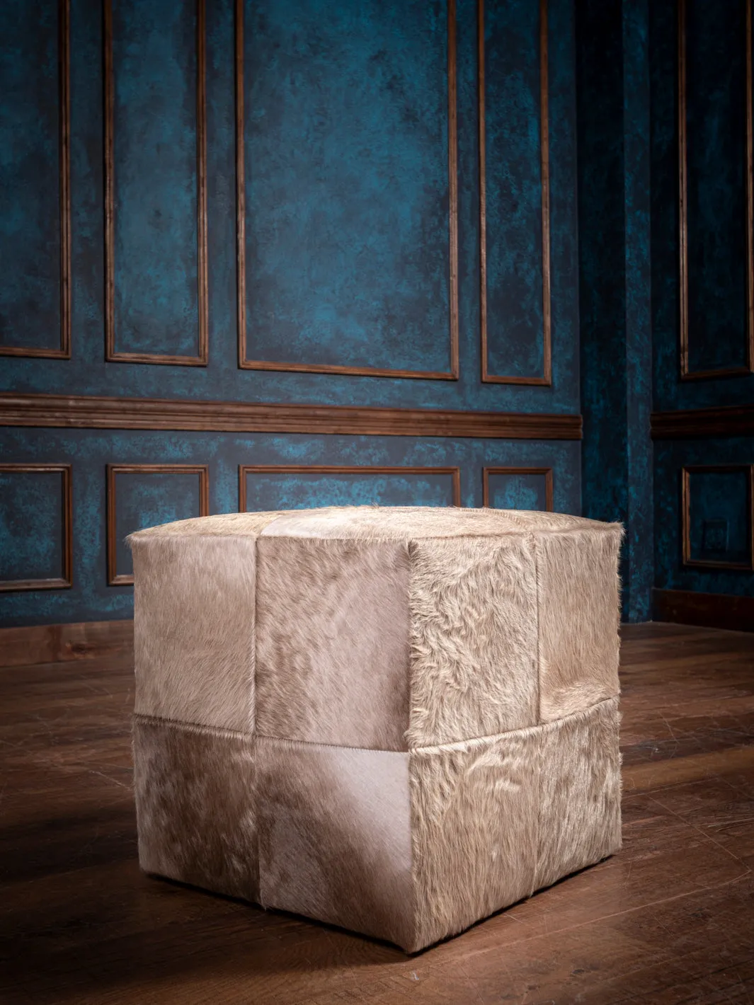 Patched Cowhide Cube Ottoman