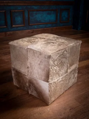 Patched Cowhide Cube Ottoman