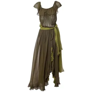 YVES SAINT LAURENT Vintage Green Silk Chiffon Ruffled Goddess Evening Gown